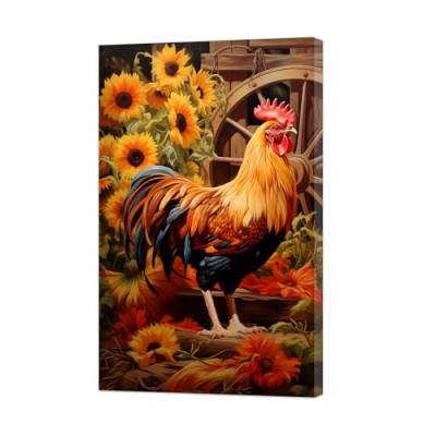 ZXHYWYM Hahn Drucke Wanddekoration Huhn Sonnenblumen Gemälde lustiges Bauernhoftier Leinwandbild Vintage Landhaus Küchen Esszimmer Dekoration mit Rahmen (A (40.00 x 60.00 cms)) von ZXHYWYM
