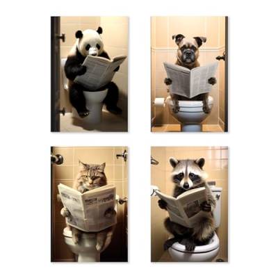 ZXHYWYM Lustige Badezimmer Leinwanddrucke 4 teiliges Panda Hund Katzen Waschbär Poster Tiere auf der Toilette Bild für Humor Waschraum Toiletten Dekoration (B Kein Rahmen (20x30cmx4)) von ZXHYWYM