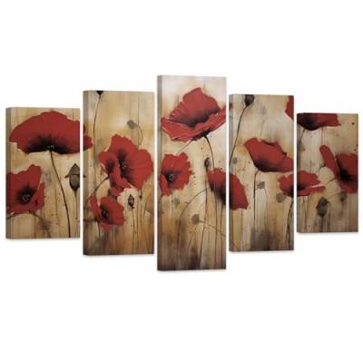 ZXHYWYM Rote Mohnblumen Blumen Leinwandbilder 5 Teilig Retro Mohnblumen Blumengemälde Drucke elegantes rustikales Bild Kunstwerk Badezimmer Heimdekoration (Bild-1, (150.00 x 100.00 cms)) von ZXHYWYM