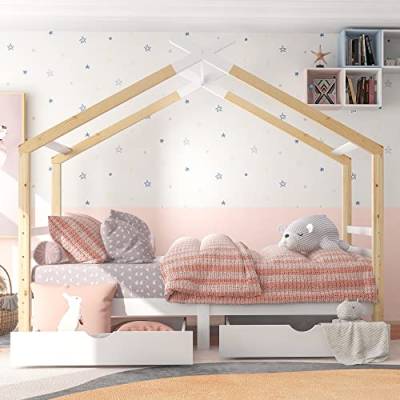 Hausbett aus Holz mit zwei Schubladen für Kinder, massives Kiefernholz, 90 x 90 cm, Einzel-Baumhaus, Himmelbett für Kinder, Mädchen und Jungen, 190 x 90 cm, Weiß und Natur von ZYLOYAL10