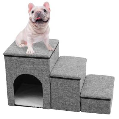 3-stufige Faltbare Hundetreppe für hohe Betten und Couch, rutschfeste Haustiertreppe mit Stauraum und kleines Haustierhaus, für verletzte Hunde, ältere Hunde und Katzen Gray von ZbOLi