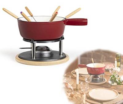 Fondue Gusseisen für Brennpaste Rot - Fondueset Traditionell Ohne Strom - Fleischfondue für 6 Personen - Käsefondue Fonduetopf 2,6 Liter - Schokofondue mit 6 Fonduegabeln von bmf-versand