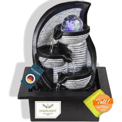 Tischbrunnen mit RGB Farbwechsel und Pflegetuch – Hübsche Dekoleuchte mit RGB LED und Mikrofasertuch – Zimmerbrunnen mit Leuchtfunktion Pumpe Grau Kugel von bmf-versand