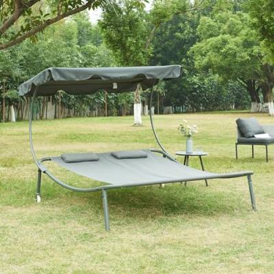 casa.pro Doppelliege Avigliano Gartenliege für 2 Personen 200 x 134 cm Outdoor-Liege mit Sonnendach wetterfest Sonnenliege Relaxliege Grau von casa.pro