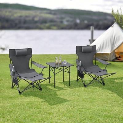 casa.pro Gartenmöbelset Bellante 3-TLG. Campingset 2 Stühle und Tisch faltbares Picknickset aus Textilgewebe Klappstühle mit 2 Becherhaltern und Fußstütze Grau von casa.pro