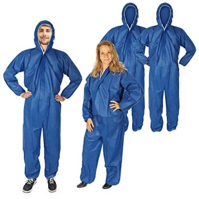 com-four® 4X Schutz-Anzug mit Kapuze und Reißverschluss - dreilagiger Maler-Overall One-Size - Körpergröße von 160 bis 200 cm - Schutzkleidung zum Malern und Renovieren (Blau - 4 Stück) von com-four