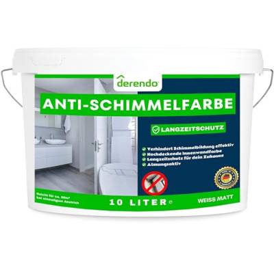 derendo Anti Schimmelfarbe für feuchte Räume Badezimmer Schlafzimmer Wandfarbe innen weiß mit sehr hohe Deckkraft Schimmelbeseitigung Schimmelentferner Langzeitschutz (10 Liter) von derendo