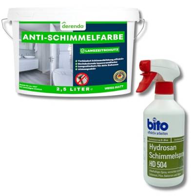 derendo Anti Schimmelfarbe für feuchte Räume Badezimmer Schlafzimmer Wandfarbe innen weiß mit sehr hohe Deckkraft Schimmelbeseitigung Schimmelentferner Langzeitschutz (2.5 Liter + Schimmelentferner) von derendo