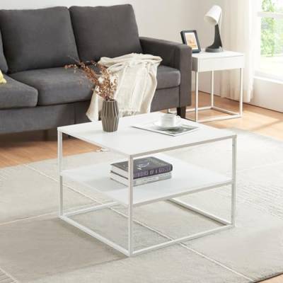 [en.casa] Couchtisch Solund Beistelltisch mit Ablage Metall Weiß matt Wohnzimmertisch mit Stauraum 60 x 60 x 45 cm Sofatisch rechteckig Kaffeetisch von [en.casa]