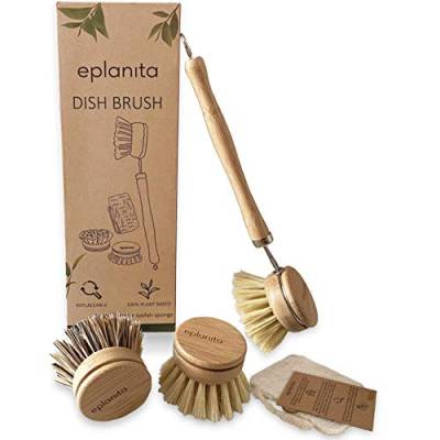 EPLANITA ® Bambus Spülbürste mit 3 Ersatzköpfen, Naturfaserborsten, kompostierbarer Schwamm inklusive, plastikfreie Reinigung für Ihre Küche von eplanita