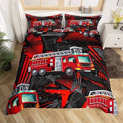 Kinder Feuerwehrauto Tröster Abdeckung Set 155x220cm für Mädchen Jungen Schlafzimmer Dekor, Feuerwehr Auto Fahrzeug Bettbezug, Cartoon Autos Bettwäsche Set für Zuhause Dekorativ, Rot Schwarz von feelingyou