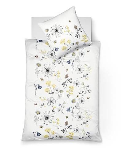 fleuresse 113825, sommerliche Mako-Satin-Bettwäsche, sommerliche Blumen mit Bienen, Oeko-TEX® Standard 100 Zertifiziert, 155 x 200 cm, Fb. Vanille von fleuresse