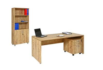 furni24 Büro Schreibtisch Set Nuvi Saphir Eiche, Bestehend Aus, Schreibtisch 180 cm, Rollcontainer 3 Schübe, und Aktenschrank Oben offen und Türen, verstellbare Fachböden, 190cm hoch von furni24