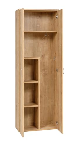 furni24 Holz Putzmittelschrank, Wäscheschrank aus Holz mit Türen, Kleiderschrank aus Holz, Garderobenschrank, Mehrzweckschrank, Schrank & Putzschrank, 2 Tür Mit Haken und 3 Regale, Eiche, 60x34x180cm von furni24