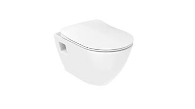 Furni24 Spülrandloses Wand-WC mit Toilettendeckel, Dusch-WC (Taharet), Hänge-WC, Duroplast WC-Sitz mit Absenkautomatik, Tiefspüler spülrandlos mit waagerechtem Abgang,Bautiefe ist 50cm,Tiefspüler weiß von furni24