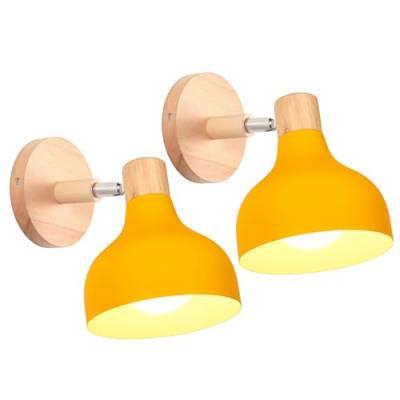 iDEGU 2 Stücke Wandlampen Retro E27 Wandleuchte Moderne aus Holz Metall im Skandinavischen Stil Lampenschirm Tropfenförmig Verstellbare Wandspot Vintage Lampe für Schlafzimmer Wohnzimmer (Gelb) von iDEGU