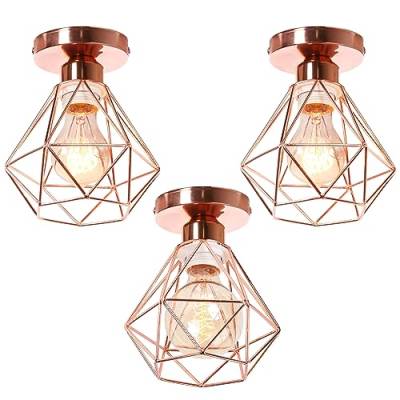 iDEGU 3 Stücke Deckenleuchten Retro Industrial Lampe im Geometrie Design Diamant-Käfig Vintage 16CM Lampenschirm aus Metall Pendelleuchte Deckenlampe für Flur Schlafzimmer Küche (Käfig B, Roségold) von iDEGU