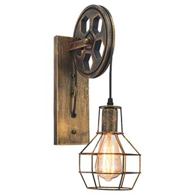 iDEGU Vintage Wandlampe E27 Wandleuchten im Industrial Riemenscheibe Design Retro Lampe aus Metall und Holz Hängelampe Wandlampe für Bar Schlafzimmer Wohnzimmer Restaurant Café Flur - Bronze von iDEGU