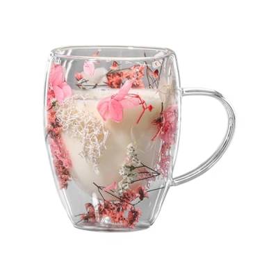 Doppelwandige Kaffeetassen, Gläser, Tassen mit getrockneten Blumen, Glastassen mit getrockneten Blumen, 350 ml Glas-Kaffeetassen mit Henkel für Saft, Tee oder Kaffee von itrimaka