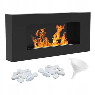 KRATKI Delta Flat Bio Ethanol Kamin + Kieselsteine 2 kg + Trichter | Wandmontierter Real Fire, Biocontainer 0,4 l, TÜV-Zertifiziert | Stahl, 40 x 90 cm, Schwarz Matt von kratki