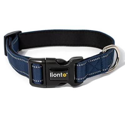 lionto Hundehalsband aus strapazierfähigem Nylon, Größe S, weiches gepolstertes Halsband für Hunde, 360° reflektierend & Klickverschluss, Metallring & Anpassung durch stufenlosen Schieber, blau von lionto