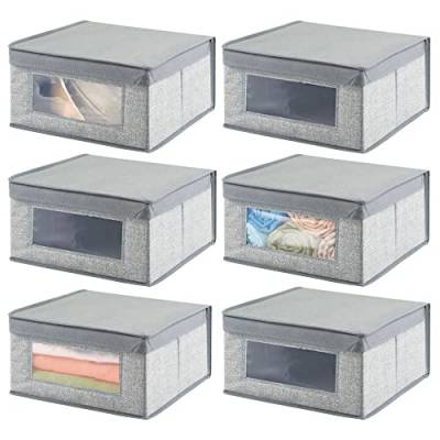 mDesign 6er-Set stapelbare Ordnungsbox – große Aufbewahrungsbox mit Sichtfenster für Büro, Wohnzimmer, Schlafzimmer – Organizer aus Kunstfaser mit Deckel – grau von mDesign
