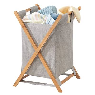 mDesign faltbarer Wäschekorb – tragbare Wäschebox fürs Badezimmer – Wäschetruhe aus Bambus und Polyester mit herausnehmbarem Wäschesack – bambusfarben von mDesign