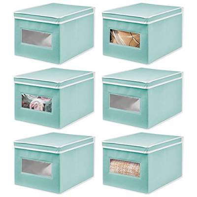 mDesign Stoffbox – praktische Aufbewahrungsbox mit Klappdeckel für Schlaf-, Wohn- oder Badezimmer – stapelbare Schrankbox aus atmungsaktiver Kunstfaser – 6er-Set – türkis/weiß von mDesign