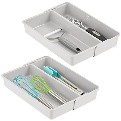 mDesign Adjustable, Expandable Plastic Kitchen Cabinet Drawer Organizer Tray - Deep Divided Sections for Cutlery, Serving Spoons, Cooking Utensils, Gadgets, 2 Compartment, Light Gray - 2 Pack von mDesign