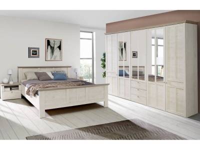 möbelando Schlafzimmer-Set Indianapolis, (4-St), Modernes 4-teiliges Schlafzimmer aus Spanplatte in Schneeeiche Nachbildung, Oberboden in Nelson Eiche Nachbildung mit 3 Spiegel-/Holztüren, 2 Holztüren, 5 Schubkästen, 5 Ablageböden, 2 Kleiderstangen und 2 offenen Fächern, Liegefläche 180x200 cm von möbelando