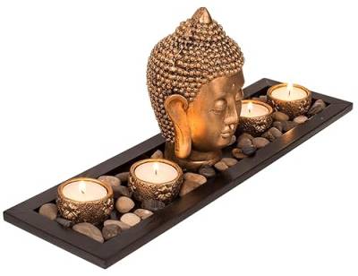 Deko Tablett Buddha-Kopf mit 4 Teelichthaltern und Dekosteinen in Geschenkverpackung von mygoodtime