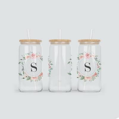 online-hut - Trinkglas - Longdrink Glas - Becher aus Glas inkl. Deckel und Strohhalm - mit Monogramm A-Z und Blumenkranz - Rosa - Geschenkidee - BNT-113 (S) von online-hut