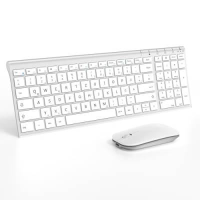 seenda Tastatur Maus Set Kabellos, Wiederaufladbare Aluminium Tastatur mit kompaktes Design, Ultradünne und Leise Funktastatur mit Maus für PC/Laptop/Smart TV, 1200 DPI, QWERTZ Layout, Weiß & Silber von seenda