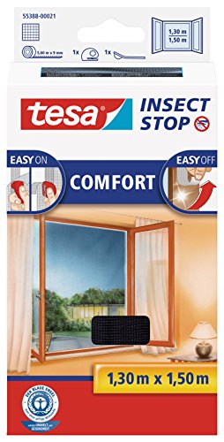 tesa Insect Stop COMFORT Fliegengitter für Fenster - Insektenschutz mit Klettband selbstklebend - Fliegen Netz ohne Bohren - anthrazit (durchsichtig), 130 cm x 150 cm von tesa