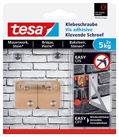 tesa Klebeschraube für Mauerwerk und Stein, Halteleistung 5 kg, viereckig, 2 Stück von tesa