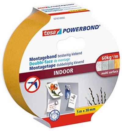 tesa Powerbond INDOOR - Doppelseitiges Montageband für den Innenbereich - beidseitig stark klebend, zur permanenten Befestigung - 5 m von tesa