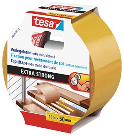 tesa Verlegeband extra stark klebend - Doppelseitiges Klebeband zum Verlegen von Teppich und PVC-Belag - doppelseitig klebend - 10 m x 50 mm von tesa