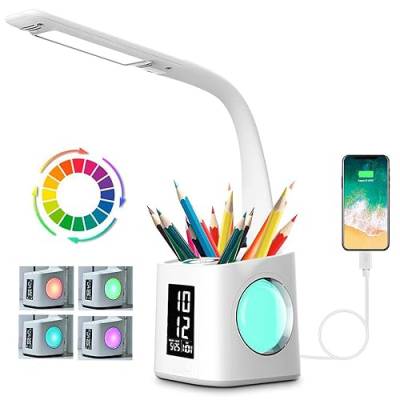 Schreibtischlampe Kinder LED, Tischlampe 10W Touch Dimmbar, Nachttischlampe Tischleuchte 7 in 1 mit 3 Helligkeitsstufen/USB-Anschluss/256 RGB/Stifthalter/Uhr/Kalender und LCD-Bildschirm Leselicht Büro von Wanjiaone