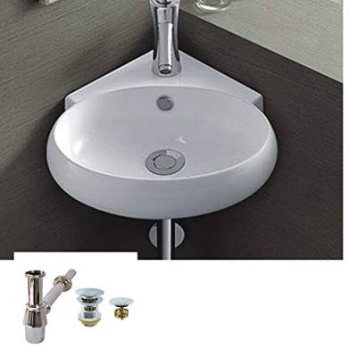 1 set/Eckwaschbecken + Stopper+ Siphon, Keramikwaschbecken Eckwaschbecken weiß, 39 x 37,5 x 13,5 cm/Waschbecken Keramik Wandmontage oval halbkreis Bad von warenplus