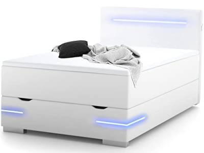 wonello Boxspringbett 140x200 mit Bettkasten, LED Beleuchtung und 2X USB Anschluss - gemütliches Bett mit einzigartiger Optik - Stauraumbett 140 x 200 cm beleuchtet weiß mit Matratze und Topper von wonello
