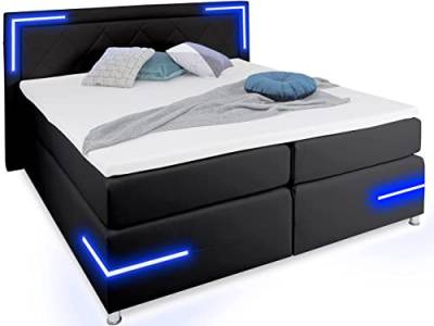 wonello Boxspringbett 160x200 LED Beleuchtung - gemütliches Bett mit LED Beleuchtung - Arizona Doppelbett 160x200 cm mit Matratze und Topper - schwarz Kunstleder von wonello