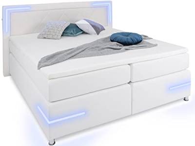 wonello Boxspringbett 180x200 LED Beleuchtung - gemütliches Bett mit LED Beleuchtung - Arizona Doppelbett 180x200 cm mit Matratze und Topper - weiß Kunstleder von wonello
