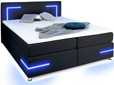 wonello Boxspringbett 180x200 LED Beleuchtung - gemütliches Bett mit LED Beleuchtung - Lights 2.0 Doppelbett 180x200 cm schwarz mit Matratze und Topper von wonello