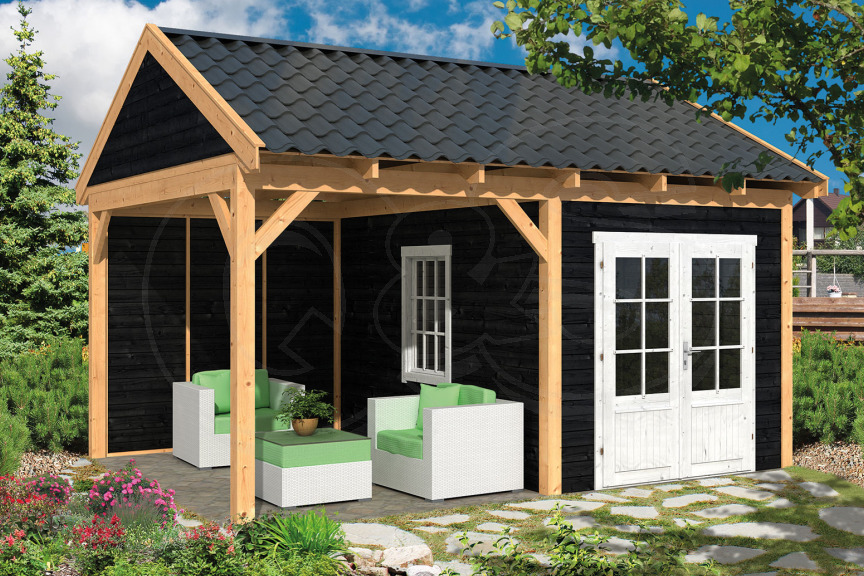 Gartenhaus Hamar Typ 3 mit Überdachung 478x395cm Holz Schwarz Tuindeco Gartenhaus Hamar Typ 3 mit Überdachung 478x395cm Holz Schwarz Tuindeco von QS-Gartendeco
