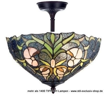 EXTRA-Modell!  ø 40cm. seltene kurze TIFFANY-Pendel-Lampe (bronzefarbene Rosette mit sichtbar aufwändiger Verzierung), unsere grosse Serie NAUTILE von STIL-EXCLUSIV