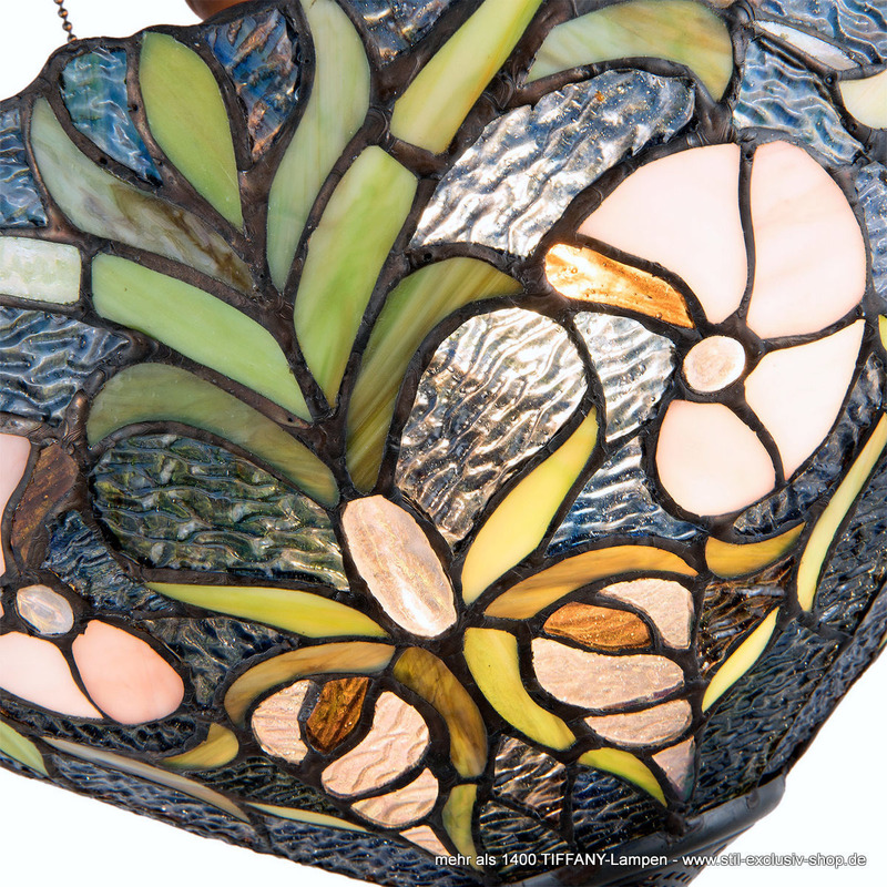 EXTRA-Modell!  ø 40cm. seltene kurze TIFFANY-Pendel-Lampe (bronzefarbene Rosette mit sichtbar aufwändiger Verzierung), unsere grosse Serie NAUTILE von STIL-EXCLUSIV