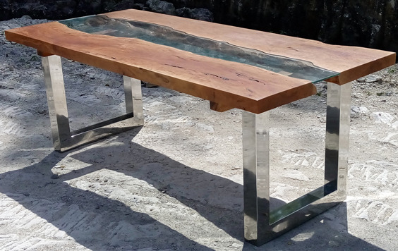 Tisch Esstisch Gartentisch Holztisch Küchentisch Ladentisch Massivtisch Wohnzimmertisch Ladentheke Holztisch Teak Holz Beistelltisch Kaffeetisch von Hand aus Edelstahl, Holz mit Resin in Bali gefertigt Table dining table garden table wooden table kitchen von TARSHOPBALI