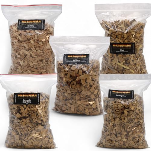 Räucherchips 5 Sorten Woodchips Exoten Sammlung zum Probieren Hickory Whisky Rotwein Strong Beer Olive BBQ Grill Cocktails Räuchern von .