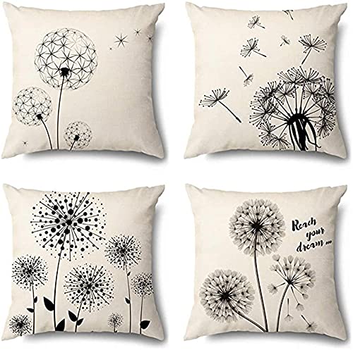 4er Set Dekorative Kissenbezüge 45x45cm Löwenzahn Kissenbezug Zierkissenbezug Baumwoll und Leinen Quadratischer Unsichtbarem Reißverschluss Doppelseitiger Druck Kissenhülle für Couch Sofa Outdoor von クロスフィールド（Crossfield）