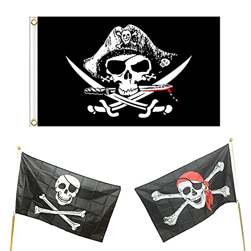 3 Stück Schädel Fahne, Piratenparty-Flagge, Jolly Roger Flagge,Gelten für Halloween-Dekoration, Piratenparty, Piraten-Cosplay,150 x 90cm(Schwarz) von 通用